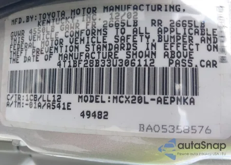 2003 Toyota Avalon Xl from USA, damaged, VIN 4T1BF28B33U306112